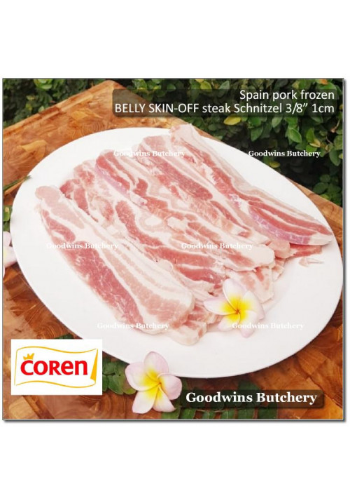 Pork BELLY SKIN OFF samcan frozen Spain COREN DUROC SELECTA (fed w/ chestnuts) steak 1cm 3/8" schnitzel (price/pack 600g 3-4pcs)